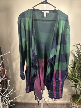 W247. Isaac Mizrahi Green and Navy Plaid Fringe Cardigan with Pink Accent
